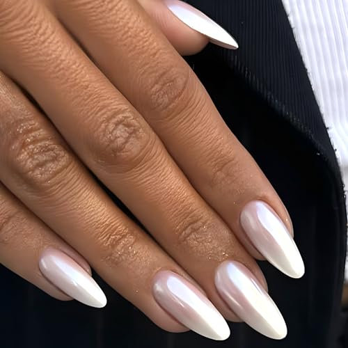 24Pcs French False Nails Medium Almond, Silver Aurora Gel Fake Nails Press on, Pure Color Glossy Stiletto Full Cover Acrylic Stick on Nails for Women DIY Manicure, Natural & Reusable, Easy to Use