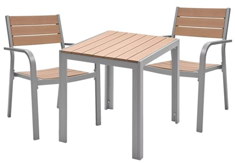 ASKON Gartengarnitur 3tlg. aus Aluminium und Non-Wood Teak-Optik, Stühle stapelbar, Sitzgarnitur mit 2 Gartenstühle mit Tisch, Poly-Holz