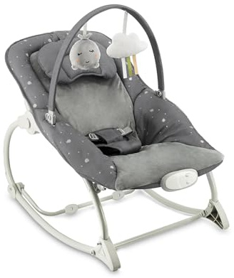 MoMi Babywippe LAPIS für Babys bis 12 kg, Batteriebetrieb, 3-Punkt-Sicherheitsgurt, Bügel und 2 Spielzeuge, 3-fach verstellbare Rückenlehne, 8 Melodien, Lautstärkeregelung, 3 Vibrationsmodi