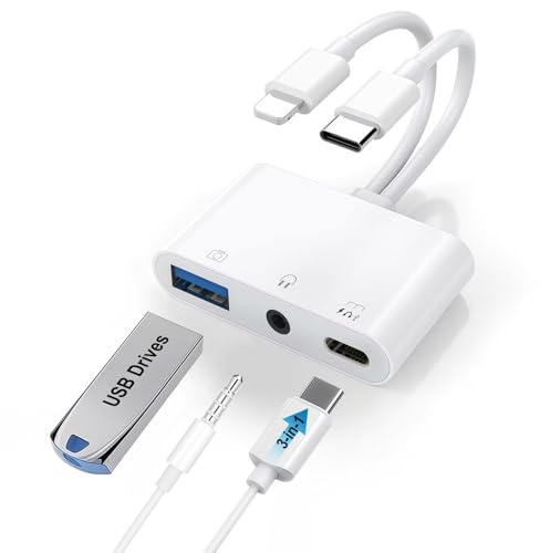 Wvoillty 3 in 1 Lightn-ing AUX Adapter, [MFI-Zertifiziert] Lightn-ing Kopfhörer, USB OTG Adapter für Datenübertragung, Audio & Laden gleichzeitig, kompatibel mit iPhone 14, 13, 12, 11, iPad