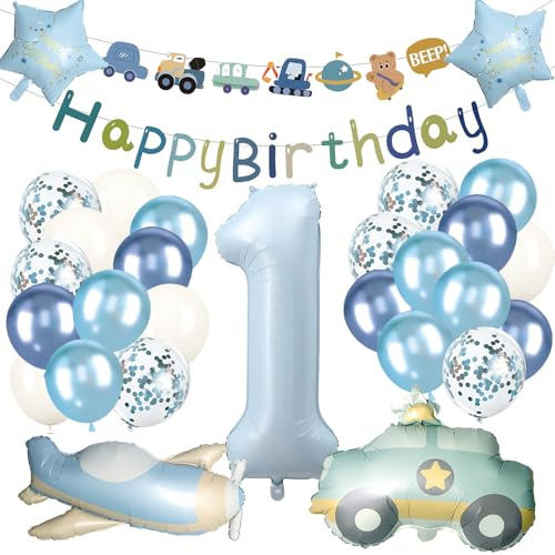 Geburtstagsdeko 1 Jahre Junge 31 Stück, Deko 1. Geburtstag Junge | Flugzeug Luftballons 1. Geburtstag Auto, 1 Jahr Geburtstags Deko Pastel Blau, Auto Ballon 1 Jahre