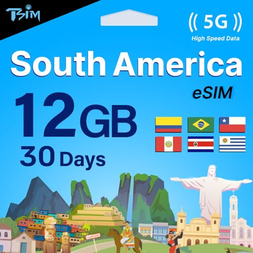 TSIM Südamerika eSIM | 30 Tage | 12 GB 5G/4G | Hotspot erlaubt | Funktioniert in Brasilien, Chile, Kolumbien, Peru, Uruguay & Costa Rica | Aktivierung in 24 Std | 5G-Netz mit hoher Abdeckung.