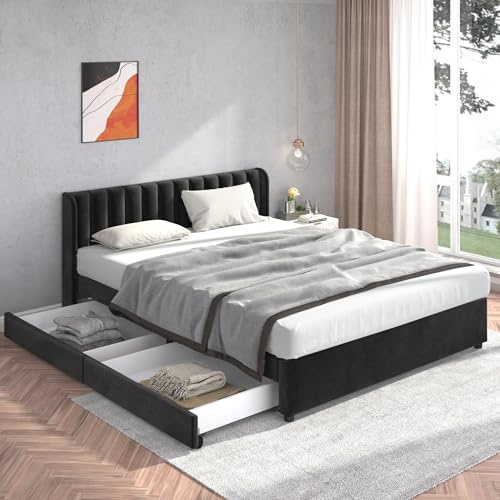 BXEYXE Polsterbett 180 x 200 cm Samt Mit Lattenrost Rückenlehne 2 Schubladen, Schwarz