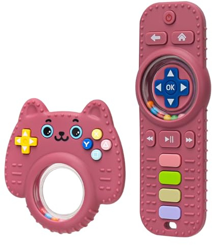 CLDY Beißspielzeug für Babys,Gamecontroller und Fernbedienung Spielzeug Set | Zahnen Beißring aus Silikon BPA-frei, Zahnungshilfe mit Rassel für Kleinkinder, Jungen und Mädchen ab 3 Monate (2 Stück Rot)