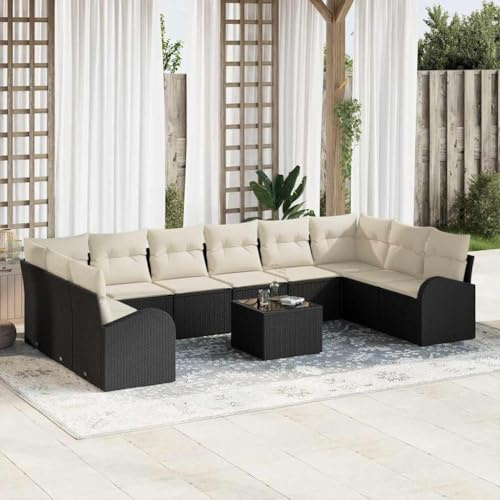 HFXHIJXQ Gartensofa Set 11-TLG Braun Creme Poly-Rattan wetterfest Eckbank Gruppe mit Tisch 62 cm breit modular für kleine Balkon Terrasse Garten
