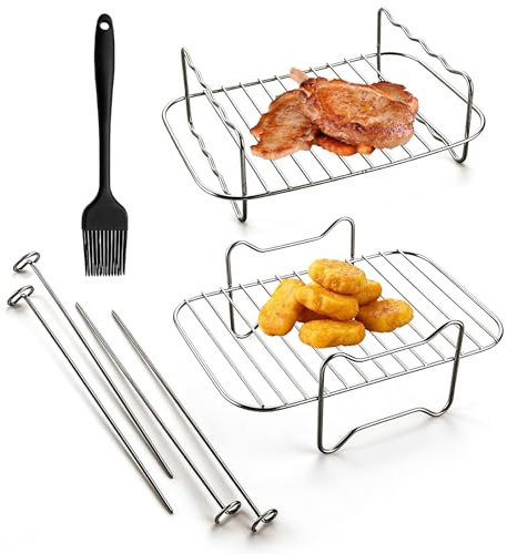 2Pcs Air Fryers Rack, Stainless Steel Air Fryer Double Layer Rack | General Air Fryers Accessory Set with Oil Brush and 4 Skewers for Double Basket Air Fryer Roasting Oven