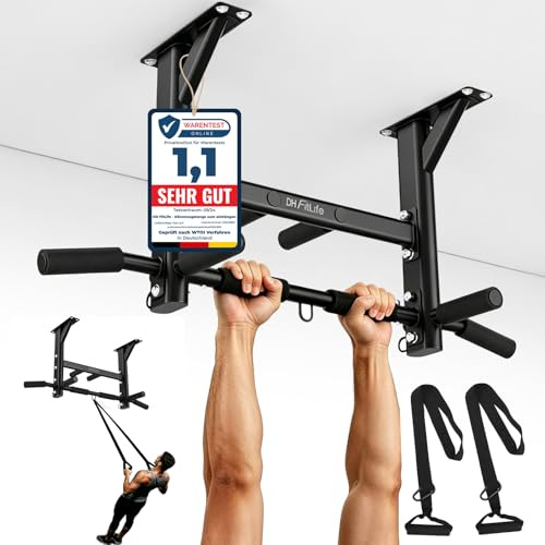 DH FitLife Klimmzugstange Decke, 4-in-1 Pull up Bar, 8 Griffe, bis 300 kg | Deckenmontage mit Spreizdübeln｜Schlingentrainer inkl.｜3 Ösen｜Rutschfeste Polster｜Reckstange für Indoor, Outdoor & Home Gym