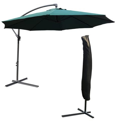 KCT 3.5m Large Green Hanging Cantilever Parasol and Cover - Umbrella Patio Sun Shade with Adjustable Crank Tilt and Outdoor UV Protection