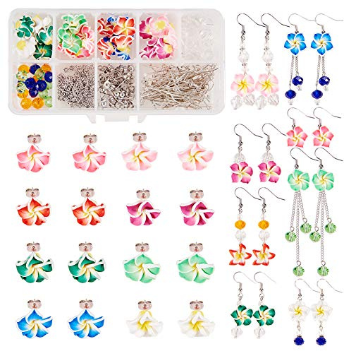 SUNNYCLUE 1 Box DIY Machen 16 Paare Polymer Clay 3D Blume Stud baumeln Ohrring Machen Kits - Hawaiian Plumeria Florale Perlen mit Ohrhaken und Leere Peg Ohrstecker