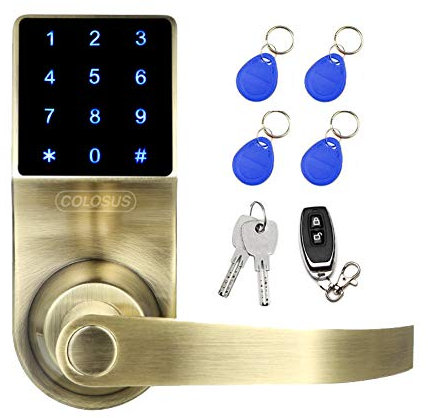 COLOSUS NDL319 Electronic Trusted Digital Keyless Door Lock for Home & Office Security, Touchscreen – 50 User Codes + 4 Key Fobs + 1 Remote + 2 Keys (Gold) …
