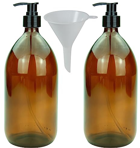 mikken Lot de 2 distributeurs de Savon 1000 ML en Verre ambré, sans BPA, adaptés à Un Usage Alimentaire avec Entonnoir