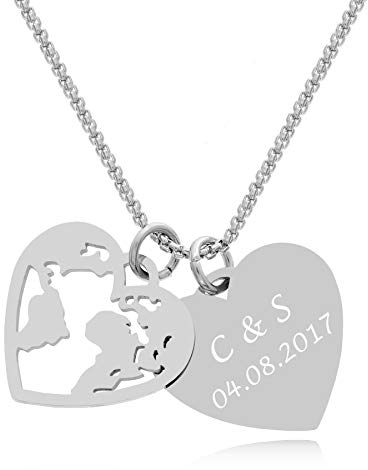 TIMANDO Damen Herz Namenskette Weltkarten Kette mit Gravur Personalisierte Halskette Weltkugel Anhänger Globus Kettenanhänger