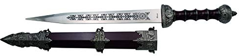 AMONT Dolch Gladius Bordeauxrot S0178, nickelfarbener Knopf und Schutz, brauner Griff, Gesamtgröße 46,5 cm, Stahlblatt, braune Hülle