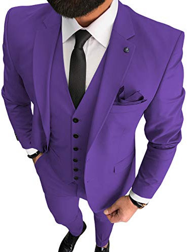 Aesido Casual Uomini Abiti Regular Fit Business Tuxedos Solid Notch risvolto 3 Pezzi Blazer+Giletto+Pantaloni per Matrimonio Viola 50