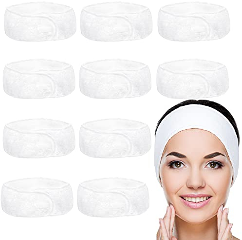 Belle Vous Haarband Kosmetik Weißes Stirnband (10 Stk) – Haarband zum Schminken Make Up Haarband – Frottee Stirnband Verstellbar für Gesichtsreinigung, Dusche – Haar Band für Bad, Sport, Beauty Masken