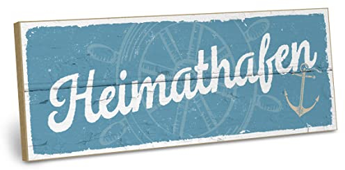 ARTFAVES® Wandbild Holzschild mit Spruch - Heimathafen - Türschild Retro Vintage Deko Bild Geschenk - Zuhause, Nordsee, Meer, Strandhaus, maritim
