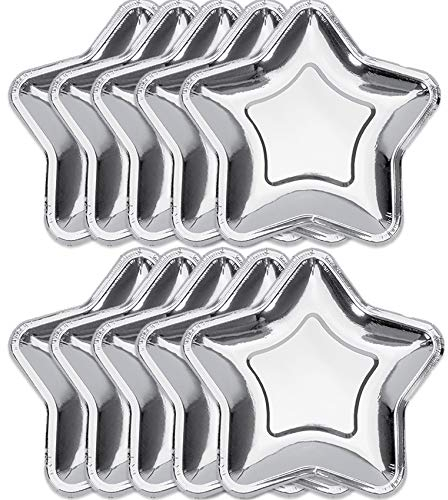 Reofrey 10 Pcs Star Silver Paper Plates, 7 Inch Pentagram Disposable Paper Plates Dinnerware for Christmas Halloween Dinner Wedding Birthday Picnic Fruit Dessert Decorations Tableware Supplies