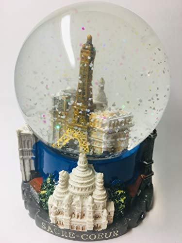 VIANAYA - Bola de nieve Paris Torre Eiffel – Base de resina con monumentos en 3D y globo de cristal con purpurina brillante – Color azul – Tamaño mediano (altura 11 cm)