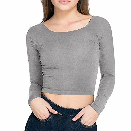 STAR FASHION Women’s Long Sleeve Crop Top Ladies Round Neck Cropped T-Shirt Short Mini Shirt Plain Printed Tops Grey-12-14