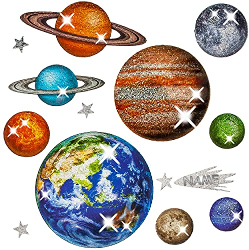 alles-meine.de GmbH Wandsticker Motivwahl Erwachsene & Kinder - 3 * 14 TLG. Set - 3D Effekt - Glitzer - Weltraum - Planeten & Sterne - inkl. Name - selbstklebend + wiederverwe..