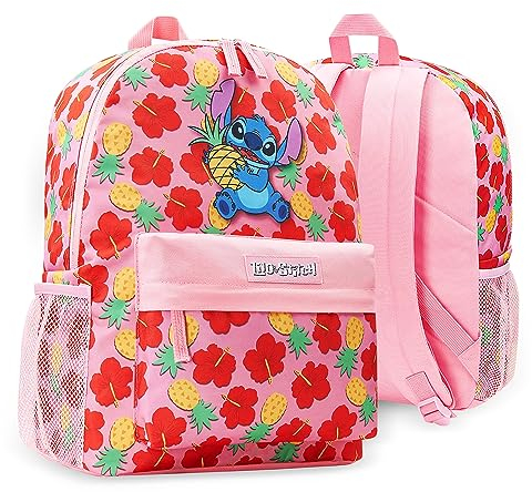 Disney Stitch Kinder Rucksack, Geräumig School Bag mit Verstellbaren Trägern, Strapazierfähig Stitch Rucksack mit Maschenaufdruck, Ideal Lilo und Stitch Geschenke für Fans (Rosa/Rot)