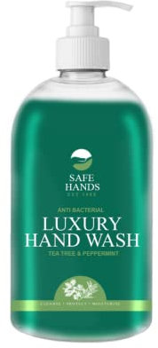 Safe Hands | Luxury Hand Wash | Tea Tree & Peppermint | 500ml | Moisturising hand soap liquid | Antibacterial | Anti Bac Hand Soap | Removes 99% of Bacteria | Kind to Skin