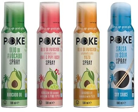 Poke Set 4 x 100 ml : Olio di Avocado, aromatizzato al Lime & Pepe Rosa, aromatizzato allo Yuzu e Salsa di Soia Spray - 100% Naturale,100% Leggero,100% Facile-Salute & Benessere -Dress Up Your Poke!
