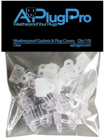 APlugPro Weatherproof Gaskets & Plug Covers, Protect Outdoor Extension Cord & Christmas Light Connections from Moisture and Stop Tripping GFCIs, Made in USA, 10 Pack Clear