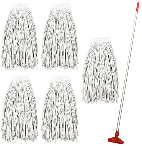 Kentucky Mop Set, Colour-Coded Industrial Mop Includes x5 Kentucky Head, x1 Solid Aluminium Handle & x1 Plastic Clip, Commercial-Grade for Cleaning Floors (Red)
