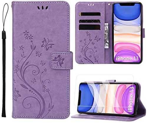 ANSHOW for iPhone 13 Case Wallet with Wrist Strap, with Screen Protector, Flip Leather Case with Cards Holder Phone Case with Kickstand Cover for iPhone 13, Purple