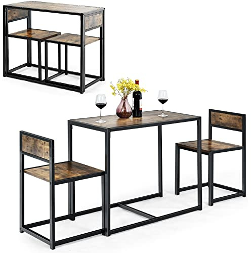 GIANTEX Bartisch Set 3-teilig, Essgruppe Esstisch mit 2 Stühlen, Esszimmergruppe Kleiner Küchentisch Set für 2 Personen, Esszimmer Tisch Bistrotisch Set Sitzgruppe, Küchenbar Sitzgruppe (Vintage)