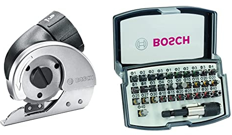 Bosch Allesschneider Aufsatz für IXO (für PVC, Pappe, Leder oder Stoff bis 6 mm) + 32tlg. Schrauberbit Set Extra Hart (Kreuzschlitz-, Pozidriv-, Hex-, T-, TH-, S-Bit, Zubehör)