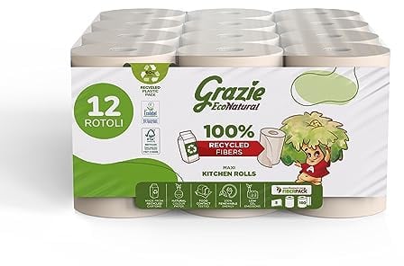 Grazie EcoNatural, Asciugatutto Monorotolo, 12 Rotoli, Bobina di Carta Assorbente Realizzata con Carta 100% Riciclata Fiberpack, Certificata Ecolabel e FSC Recycled (FSC - C100456), Made in Italy