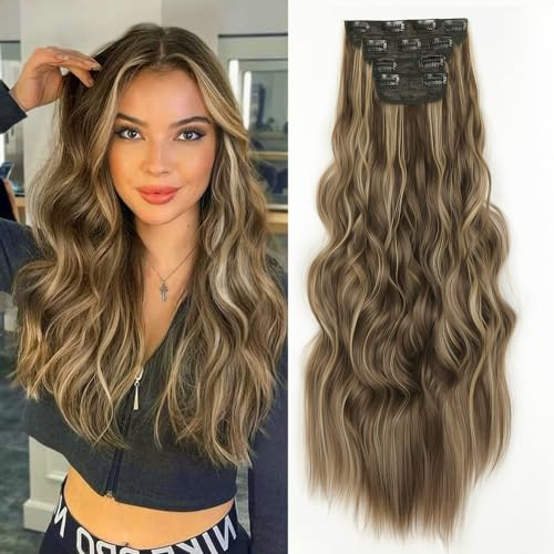 ShowJarlly Clip in Extensions, 4PCS 60 cm Voller Kopf Haarverlängerungen mit Clips Synthetik Gewellte Haarextension Wavy Haar Extensions Clip in Haarteil für Frauen