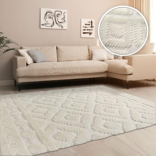TT Home Wohnzimmer Teppich Hochflor Langflor Schlafzimmer Boho 3D Skandi Design Modern Unifarben, Farbe:Weiß Creme, Größe:230x330 cm
