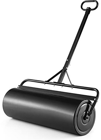 COSTWAY Rouleau à Gazon de Jardin en Métal avec Poignée de Préhension Détachable, Rouleau de Pelouse Rempli d'eau/Sable 63L- Ø 30 CM, Idéal pour Obtenir Pelouse Uniforme (Noir)