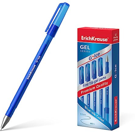 Erich Krause Gelstifte 0,4mm 12er Pack Blau - einfaches und weiches Schreiben - schlanke Form - Gel Kugelschreiber - Gelschreiber für Schule & Bürobedarf - nicht schmierend - G-Ice