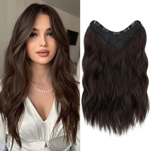 TESS Clip in Extensions Gewellt, 45 cm Haarverlängerung Clip in Mittelbraun Kunsthaar Einteiler mit 5 Clips Haarteil Extensions U-Form