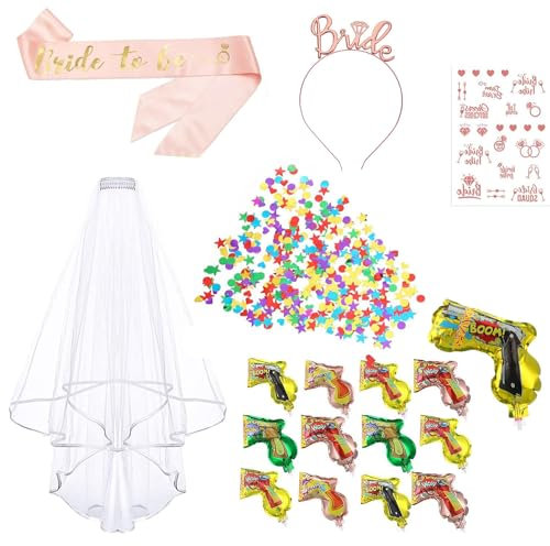 16PCS Gadget Sposa to Be Kit, Accessori Velo Sposa Decorazione per la Notte delle Ragazze, Velo Sposa, Oro Rosa Diadema, Fascia da Sposa,Adesivi del Tatuaggio, Cannone Coriandoli (16 Pezzi)