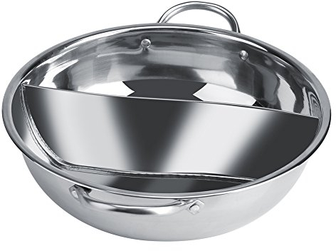 Thick Stainless Steel Hot Pot, Dual Sided Two Flavor Hot Pot, Hollow Handle, Non Stick, Safe for Induction Cooker (34CM)