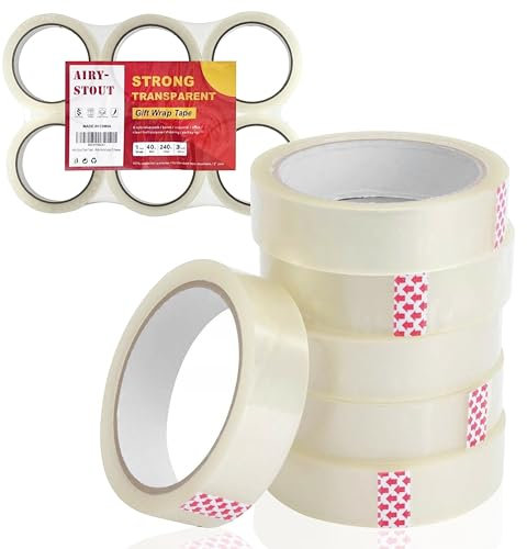 Airy-Stout Clear Packing Tape Rolls 6 Pack, 24mm X 40m Sellotape Rolls, Clear Packaging Tape for Boxes Parcels Cartons Bags, Long Adhesive Transparent Cellotape for Packing Boxes