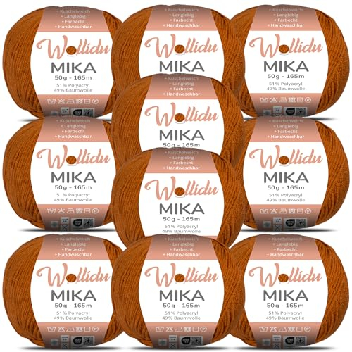 Wollidu Mika 51% Polyacryl 49% Baumwolle zum Häkeln und Stricken 10x 50g/165m Oeko-Tex Strickgarn Häkelgarn - Ziegelrot