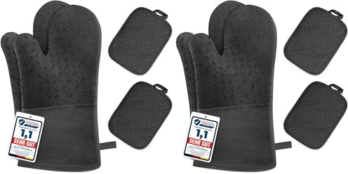 MILcea Manoplas Horno, Juego de 4 Guantes Horno, Guantes Horno Cocina, Guantes Cocina, Resistentes al Calor, Guantes para Hornear, Guantes para cocinar Silicona (Paquete de 2)
