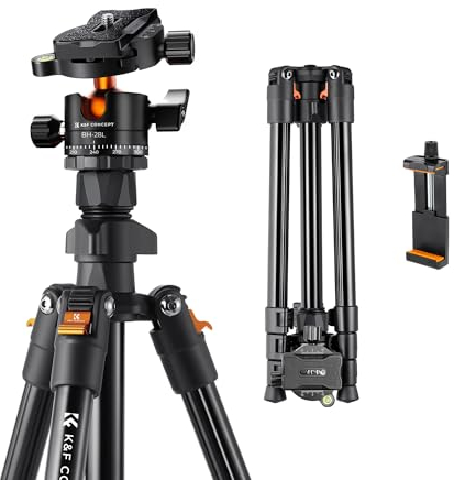 Treppiede Fotocamera, K&F Concept Treppiede 163cm in Alluminio Leggero, Testa a Sfera a 360°, Carico Fino a 10 kg, Cavalletto da Viaggio per iphone, Canon DSLR, con Clip per Cellulare (Solo 1.16 kg)