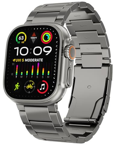 FUNSTONE Titanium Watch Band for Apple Watch Ultra 2 / Ultra, Titanium Apple Watch Ultra 2 Bands 49mm Men's iWatch Replacement Strap WristBand 26mm Wide Titanium Links with Foldover Buckle for Men