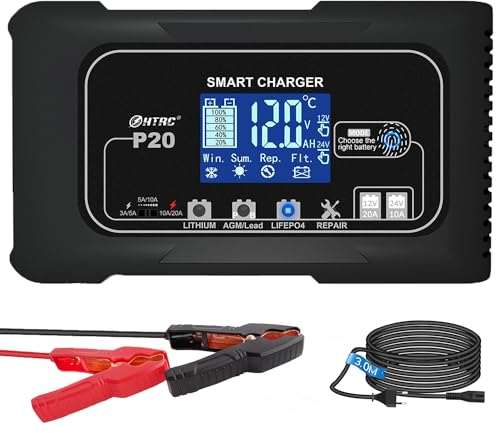 SolaMr 20A Car Battery Charger, 12V and 24V Intelligent Fully Automatic Battery Maintainer with Pulse Reconditioning for Trucks, Motorcycles, Marine Lithium and Lead Acid Batteries - P20