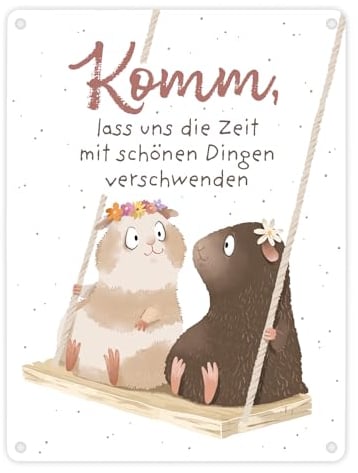 Meerschweinchen Metallschild in 15x20 cm mit Spruch Zeit mit Schönem verschwenden Freundschafts-Geschenk Blumenkranz-Deko Leben Gemeinsamkeit