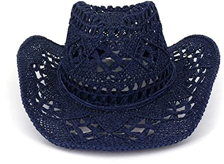 Chapeau de Cowboy Western Femme Homme Chapeau de Paille Chapeau d'été Chapeau Occidental Chapeau de Soleil Pliable Anti-UV Large Bord Chapeau Texas (FR/ES, Alpha/Lettres, Taille Unique, Bleu Marine)