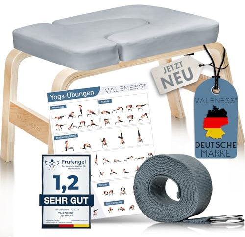 VALENESS® Yoga Kopfstandhocker - Hochwertiger Yoga Hocker inkl. Yogagurt, Yogablock & Übungsposter - Yoga Stuhl zur Handstand-Übung aus massivem Naturholz - (Textil grau, wasserabweisend)