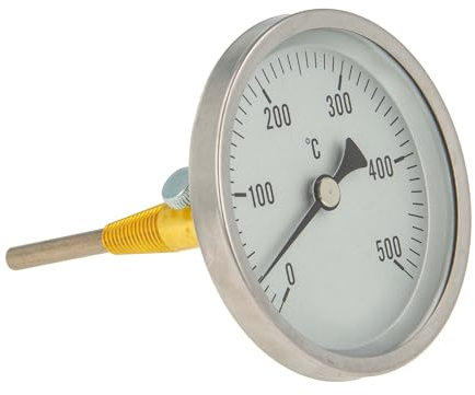 tecuro Ø 80 mm Bi-Metall Rauchgas - Thermometer 0-500°C mit Sonde 100 mm und Klemmkonus